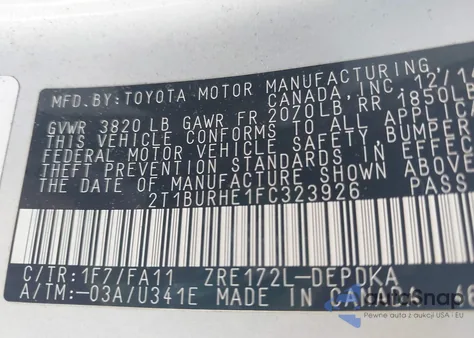 2015 Toyota Corolla L from USA, damaged, VIN 2T1BURHE1FC323926